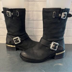 Vince Camuto sz 6.5 Windy black leather biker boots gold accents